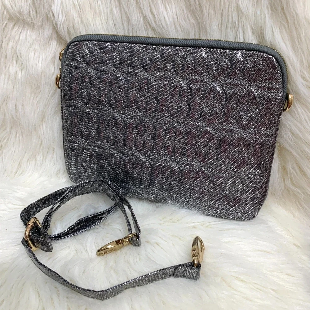 DEUX LUX Metallic Silver Glittery Embossed Zip IPAD Tablet Case with XBody Strap